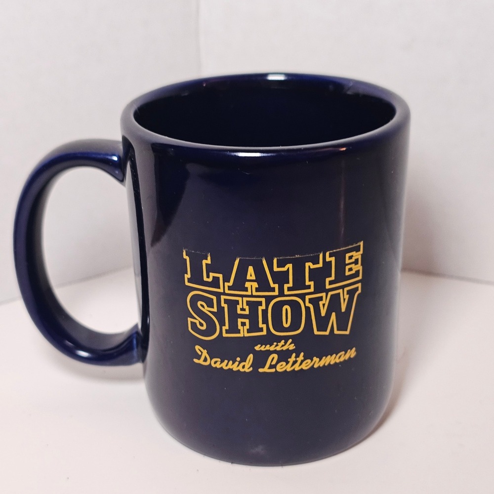 Vintage Late‎ Show with David Letterman Coffee Mug Navy Blue Yellow Logo CBS TV